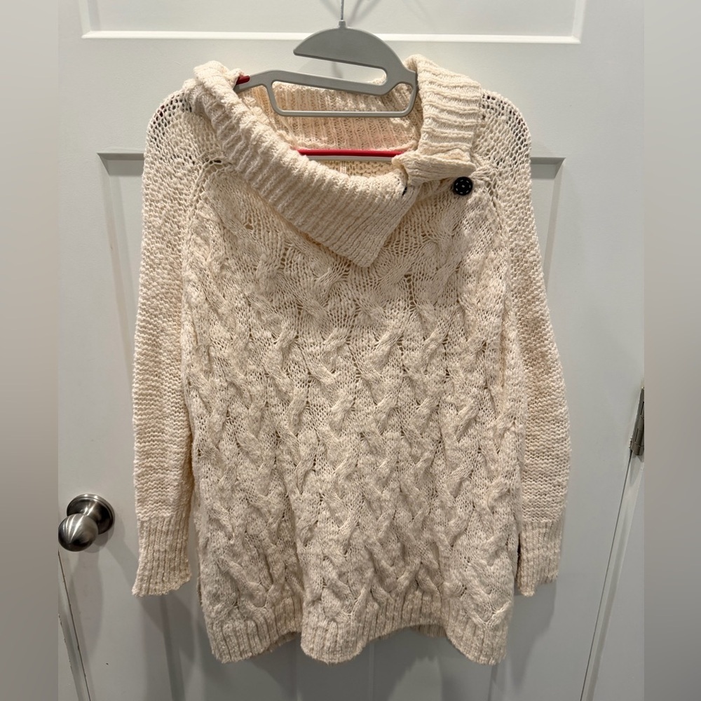 Free People Cream Chunky Cable Knit Cowl Neck Sweater Oversized